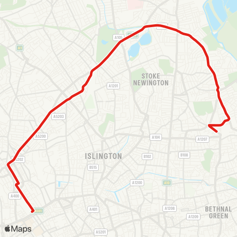 TfL Hackney Central - Stamford Hill - Finsbury Pk - Camden Town - Euston map