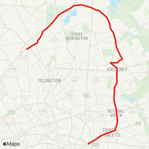 TfL Aldgate - Hackney Central - Stamford Hill - Finsbury Pk - Holloway, Nags Head map
