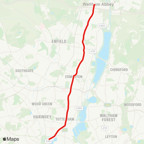 TfL Waltham Cross - Enfield Hwy - Ponders End - Edmonton - Manor House map