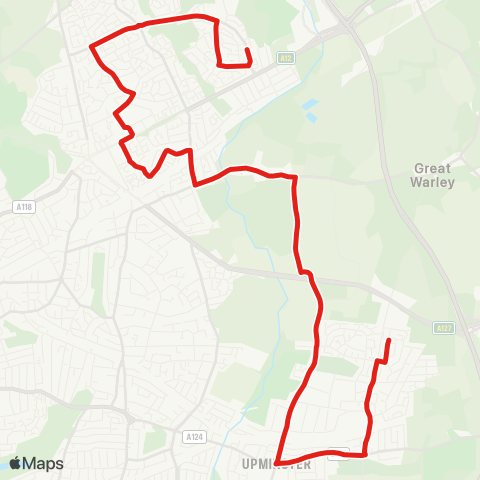 TfL Harold Hill, Dagnam Pk Square - Gallows Corner Tesco - Kings Pk - Harold Wood Sta - Upminster Sta - St Mary's Ln - Upminster Pk Estate map