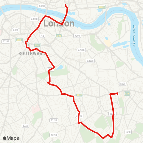 TfL Tower Gateway - Tower Bridge - London Bridge Sta - Elephant & Castle - Aylesbury Estate - Southampton Way Estate - Peckham Rye - Nunhead - New Cross Gate map