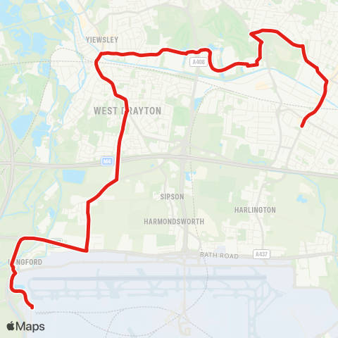 TfL Hayes, Asda - Stockley Pk - W Drayton - Harmondsworth - Heathrow Term 5 map