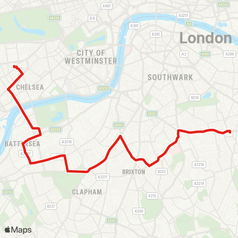 TfL Peckham - Camberwell - Brixton - Clapham N, Common & Jct - S Kensington map