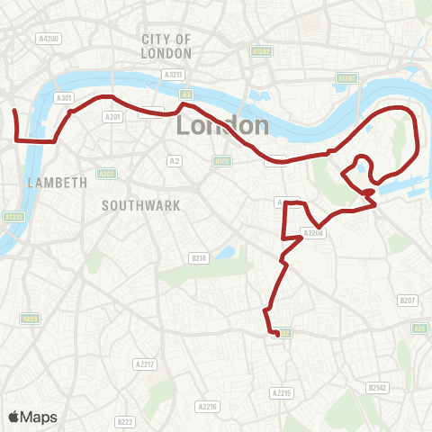 TfL Peckham - Canada Water - Bermondsey - London Bridge - Whitehall, Horse Guards map