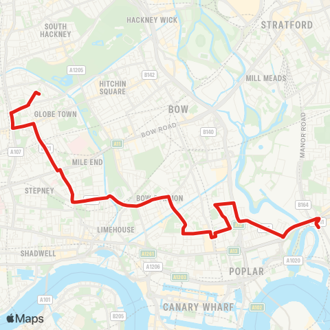 TfL Canning Town - Aberfeldy Estate - Bow Common Ln - Stepney Green - Bethnal Green, Bonner Rd map