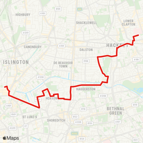 TfL Homerton Hosp - Hackney - Trelawney Estate - Bway Market - Hoxton - Islington, Angel map