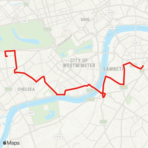 TfL Elephant & Castle - Vauxhall - Pimlico - Sloane Square - Royal Albert Hall map