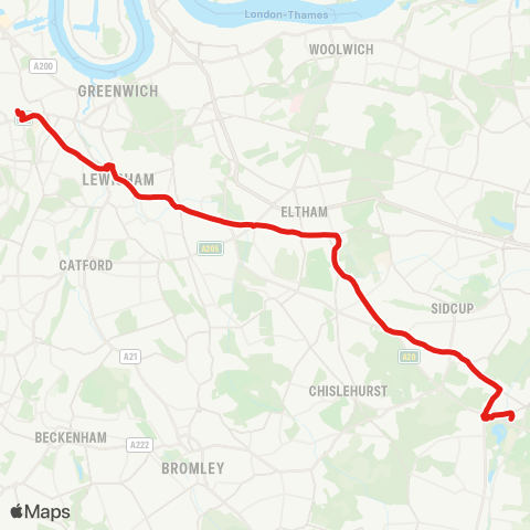 TfL Foots Cray, Tesco - Sidcup - Eltham - Lewisham - New Cross Gate map