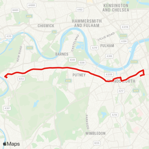 TfL Clapham Jct - Wandsworth - Putney - Barnes Common - Richmond map