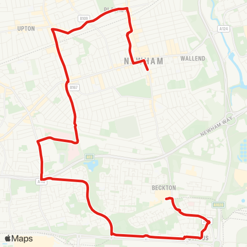TfL Beckton Sta - Cyprus - Newham Univ Hosp - Upton Pk - E Ham, Newham Town Hall map