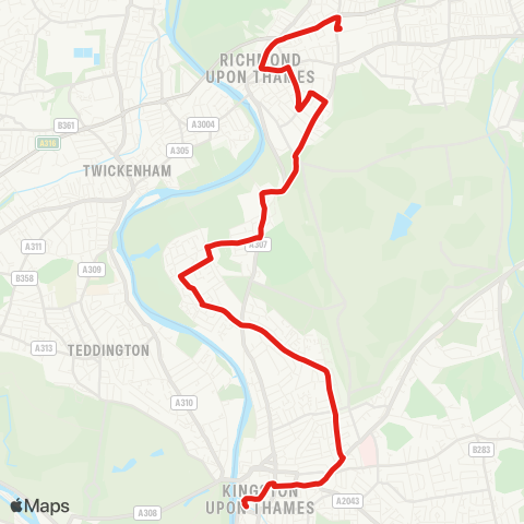 TfL Richmond, Manor Circus - Richmond Town Ctr and Sta - Richmond Hill - Norbiton - Kingston map