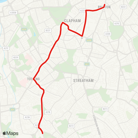 TfL Mitcham - Tooting - Balham - King's Av - Brixton map
