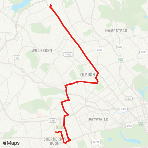 TfL Brent Cross W Sta - Cricklewood - Kilburn - Kilburn Pk - Queens Pk - Ladbroke Grove Sainsburys - Latimer Rd Sta - Shepherds Bush - White City map