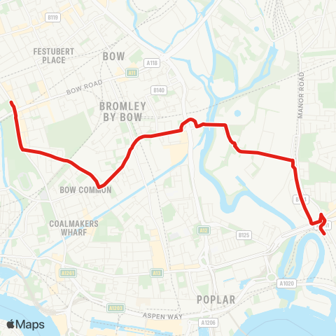 TfL Canning Town Sta - Twelvetrees Crescent - Bromley-By-Bow - Bow Common Ln - Mile End map