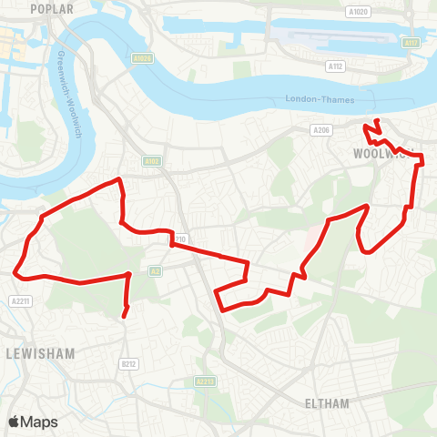 TfL Woolwich - Plumstead Common Rd - Queen Elizabeth Hosp - Blackheath (Royal Standard) - Blackheath Village map