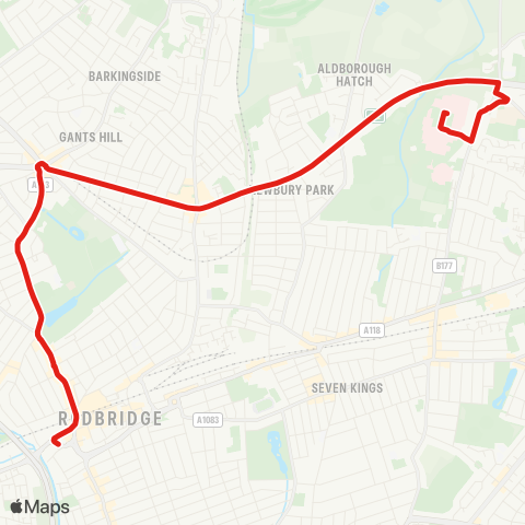 TfL King George Hosp - Newbury Pk - Gants Hill - Cranbrook Rd - Ilford map