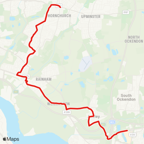 TfL Hornchurch Town Ctr - Elm Pk Sta - Rainham - Aveley - Lakeside map