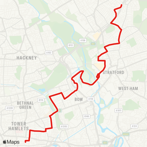 TfL Leytonstone - Stratford City, International and Olympic Pk - Fish Island - Old Ford - Shadwell map