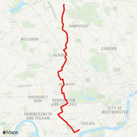 TfL Golders Green - W Hampstead - Kilburn - Westbourne Pk - Chelsea map