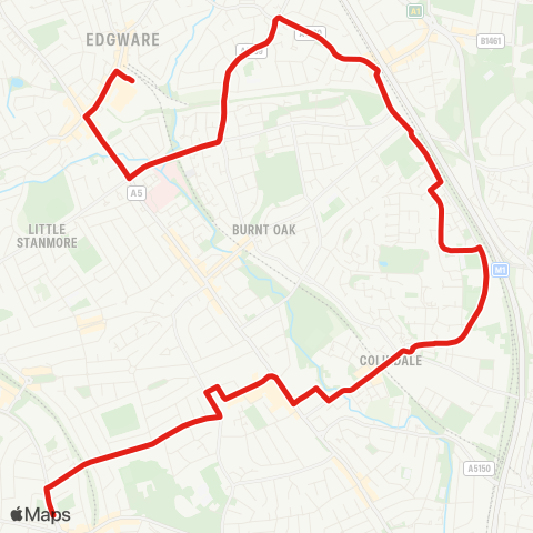 TfL Edgware Sta - Deans Ln - Hale Ln - Mill Hill Bway - Royal Air Force Museum - Grahame Pk (Quakers Course) - Colindale Sta and Superstores - Princes Av - Kingsbury Circle map