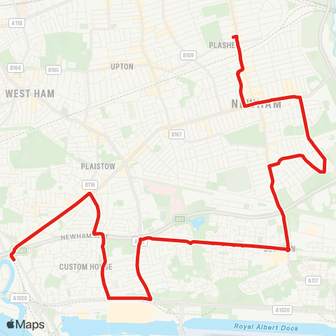 TfL E Ham Sta - Pk Av - Beckton Sta - Plaistow Greengate - Canning Town Sta map
