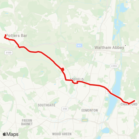 TfL Chingford Sta - Ponders End - Enfield - Botany Bay - Potters Bar map