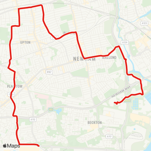 TfL Beckton Sainsbury's - E Ham - Forest Gate - Balaam St - Prince Regent Sta map