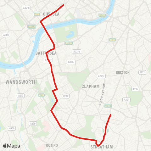 TfL Streatham Hill - Wandsworth Common - Clapham Jct - Battersea - Sloane Square map