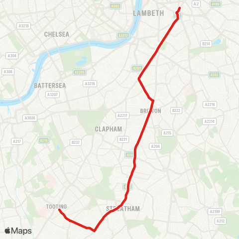 TfL Tooting Bway - Amen Corner - Streatham - Brixton - Elephant & Castle map