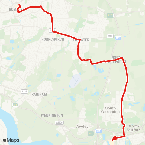 TfL Romford Market and Sta - Gidea Pk - Hornchurch - Upminster - N and S Ockendon - Lakeside map