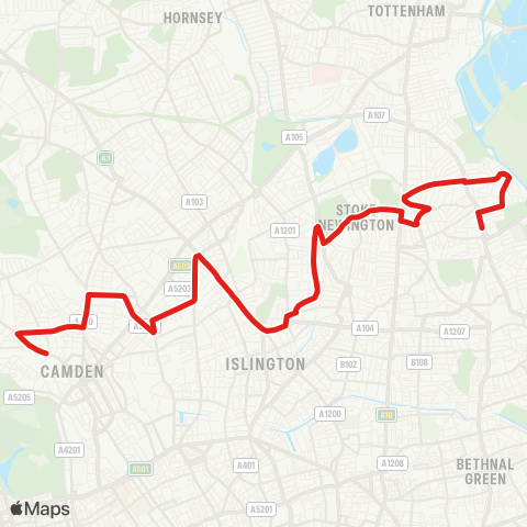 TfL Clapton Pond - Stoke Newington - Highbury - Kentish Town - Chalk Farm map