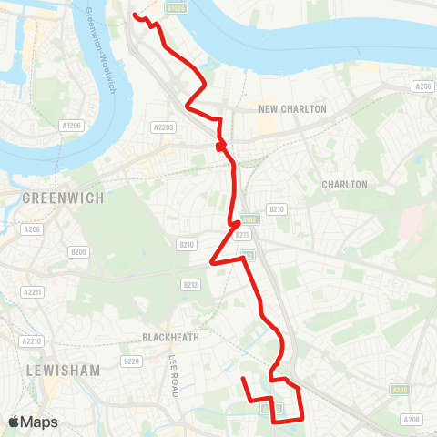 TfL Kidbrooke - Blackheath Royal Standard - Westcombe Hill - Westcombe Pk Sta - Millennium Leisure Pk - N Greenwich map