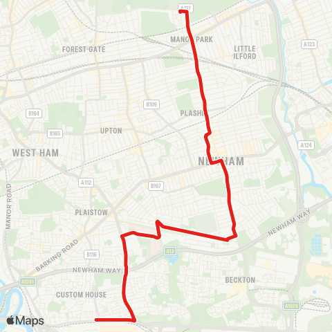 TfL Custom House Sta - Newham Univ Hosp - Lonsdale Av - E Ham - Manor Pk map