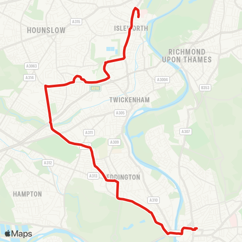 TfL Kingston - Bushy Pk - Teddington - Fulwell - Whitton - Twickenham Stadium - Mogden Ln - Isleworth, W Middlesex Hosp map