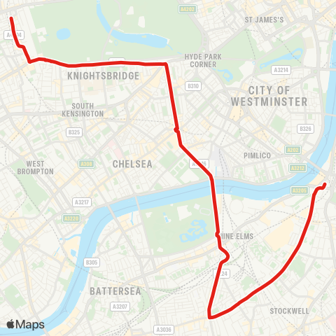 TfL Notting Hill Gate - Knightsbridge - Battersea Pk - Wandsworth Rd - Vauxhall map