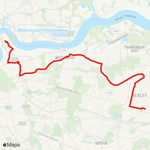 TfL N Greenwich - Blackheath (Royal Standard) - Woolwich - Plumstead - Bexleyheath Sta and Town Ctr map