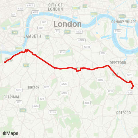 TfL Lewisham, Shopping Ctr - New Cross Gate - Peckham - Camberwell - Oval - Vauxhall - Battersea Power Sta - Battersea Pk Sta map