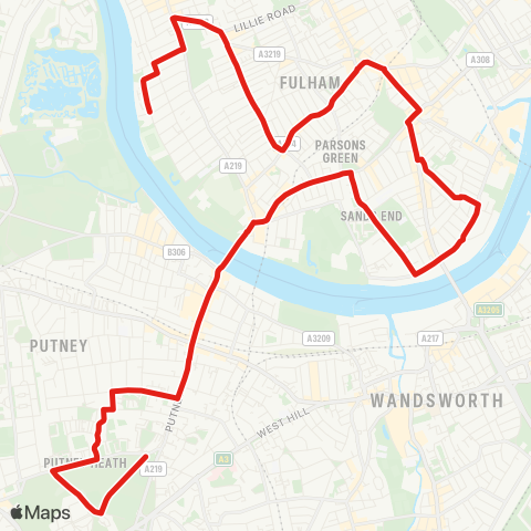 TfL Putney Heath - Hurlingham - Sands End - Fulham Bway - Fulham, Craven Cottage map