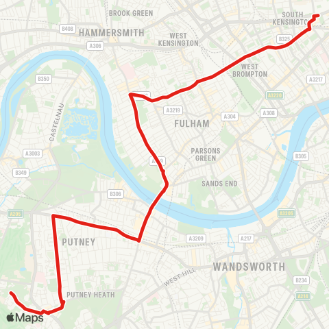 TfL Roehampton, Danebury Av - Putney Sta and High St - Putney Bridge - Fulham Cross - S Kensington map