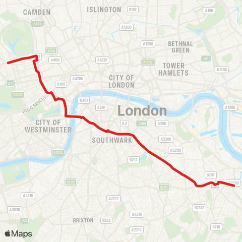 TfL Deptford Bridge - New Cross - Old Kent Rd - Elephant & Castle - Trafalgar Square - Oxford Circus - Marylebone map