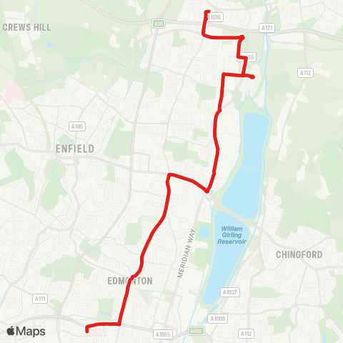 TfL Waltham Cross - Enfield Island Village - Brimsdown - Edmonton Green - N Middlesex Hosp map
