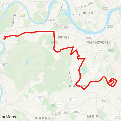 TfL Tooting, St George's Hosp - Wimbledon - Southfields - Roehampton - Richmond map