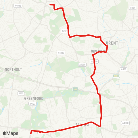 TfL Windmill Pk, Three Bridges - Ealing Hosp - Hanwell - W Ealing - Ealing - Hanger Ln - Alperton - Wembley - N Wembley - Harrow Bus Sta map