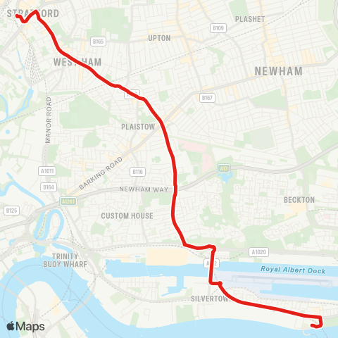 TfL N Woolwich - London City Airport - Prince Regent - Plaistow - Stratford map