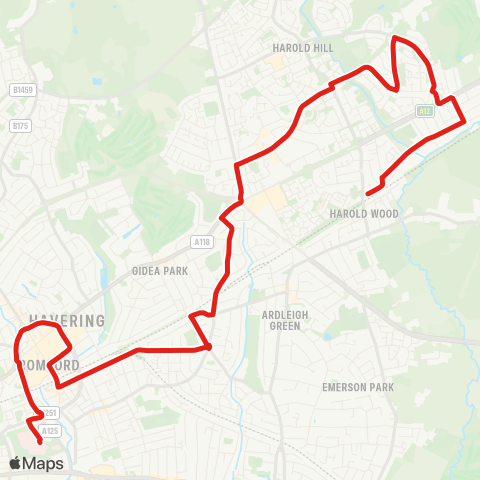 TfL Harold Wood Sta - Harold Hill - Gidea Pk - Romford Sta - Romford, Queens Hosp map