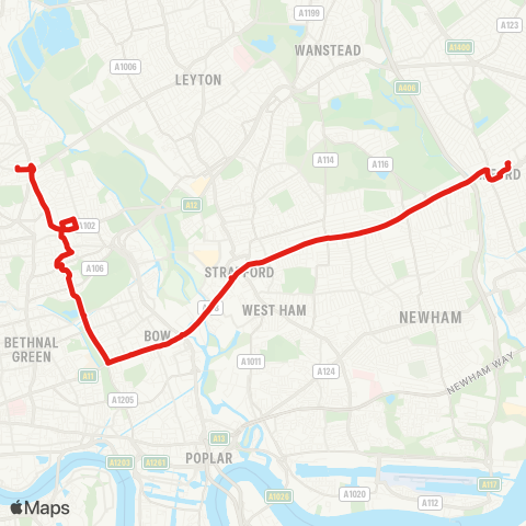 TfL Ilford - Stratford - Mile End - Homerton Hosp - Clapton, Nightingale Rd map