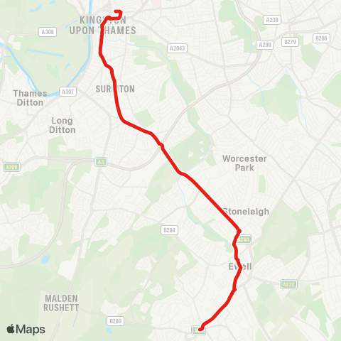 TfL Kingston - Surbiton Hill Rd - Tolworth Bway and Sta - Kingston Rd - Stoneleigh - Ewell Village - Epsom map