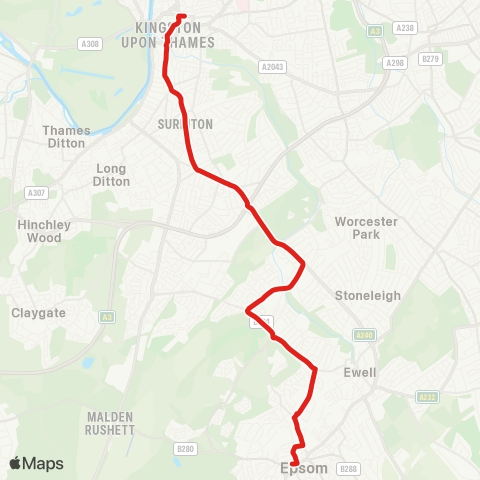 TfL Kingston - Surbiton Hill Rd - Tolworth Bway and Sta - Ruxley Ln - Hook Arena - W Ewell - Epsom map