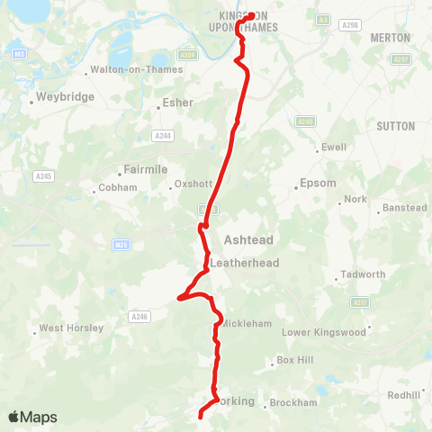 TfL Kingston - Surbiton - Hook - Chessington World of Adventures - Malden Rushett - Leatherhead - Mickleham - Box Hill - Westhumble - Dorking map