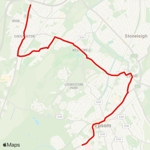 TfL Hinchley Wood Sch - Hook - Chessington - Epsom - Epsom Hosp map